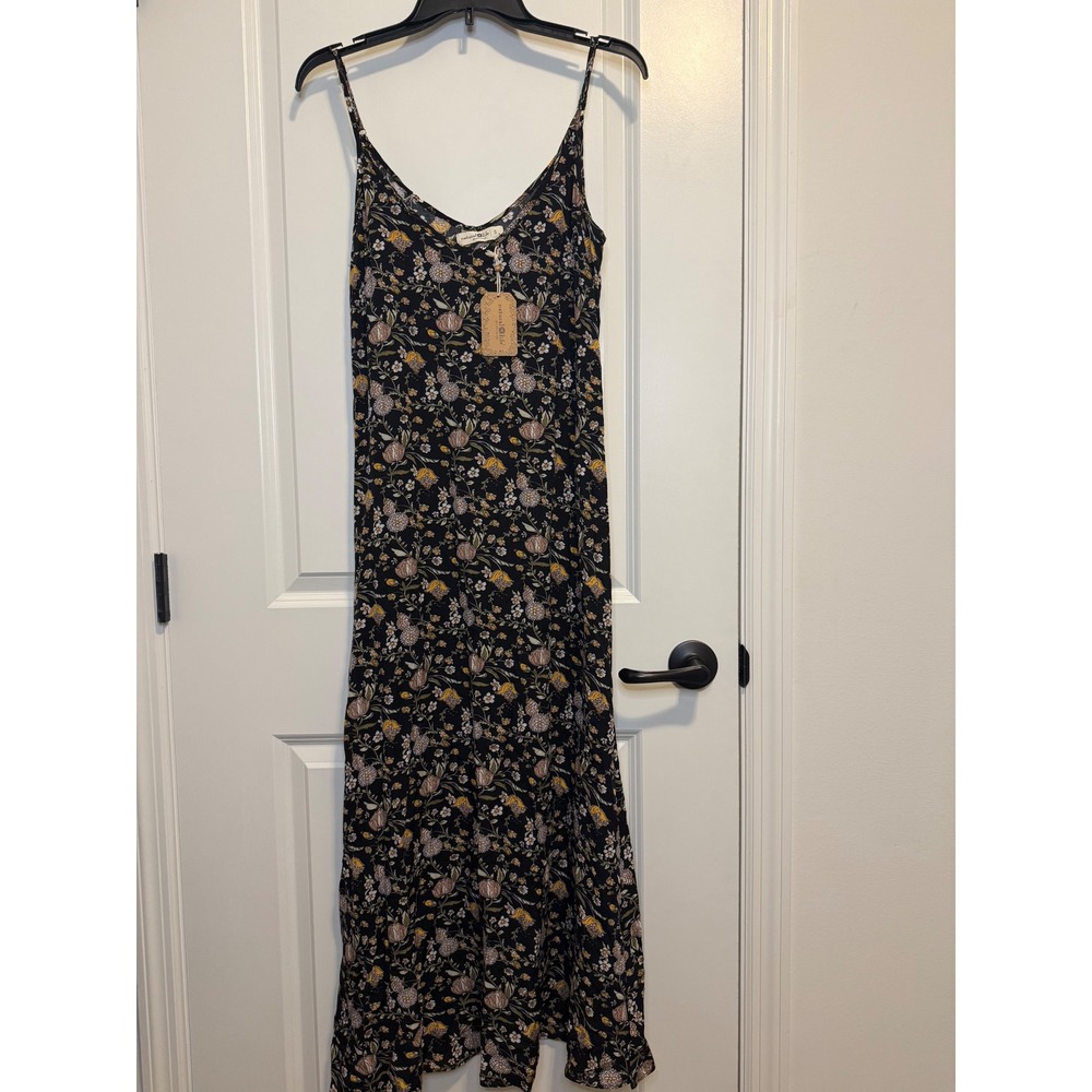 Natural Life Maxi Dress Women Small Black NWT Floral Boho Ruffle Hem Summer